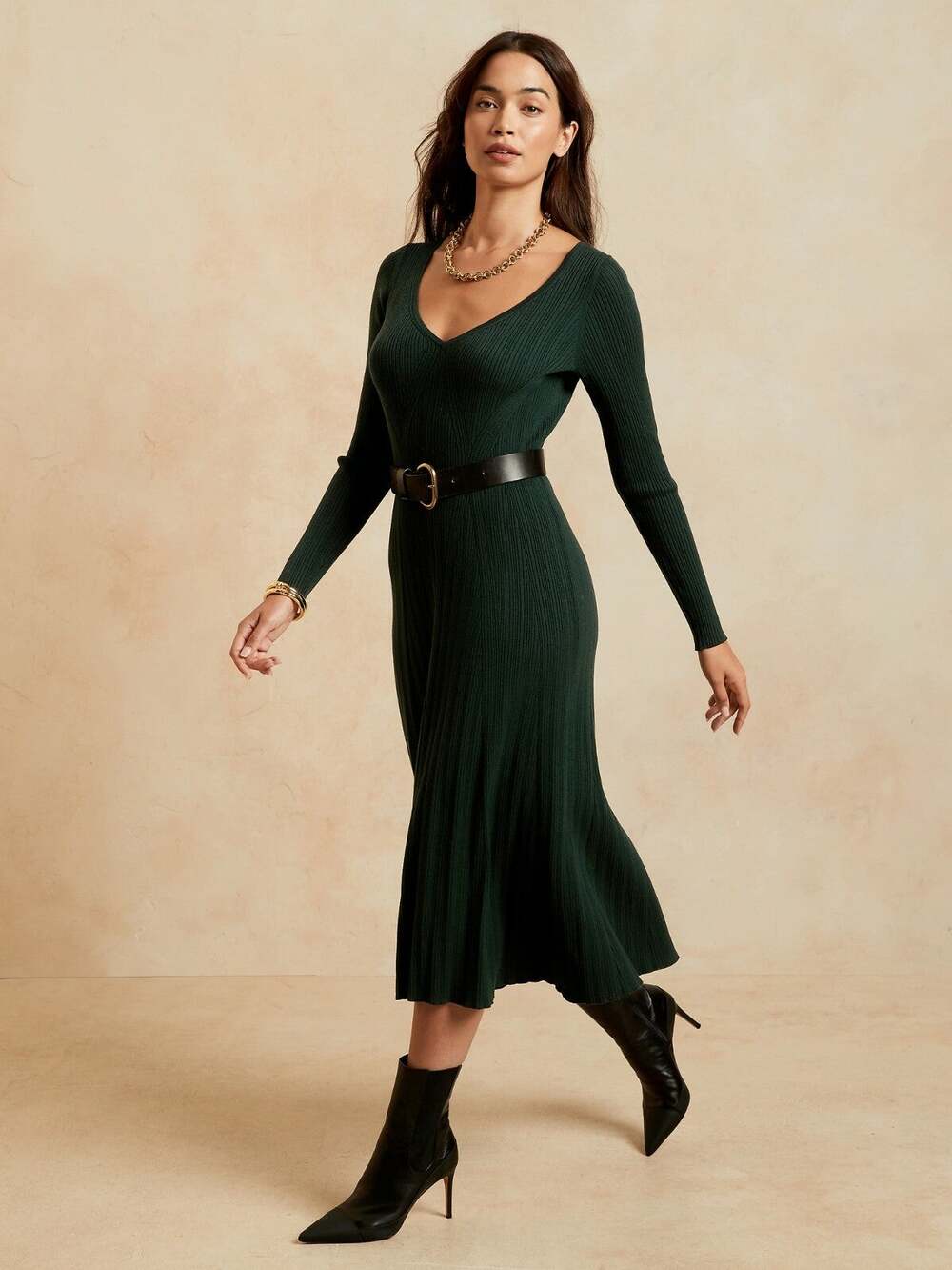 Banana Republic Ribbed V-Neck Sweater Dress, Gift Green SIZE LT #787166 O1223